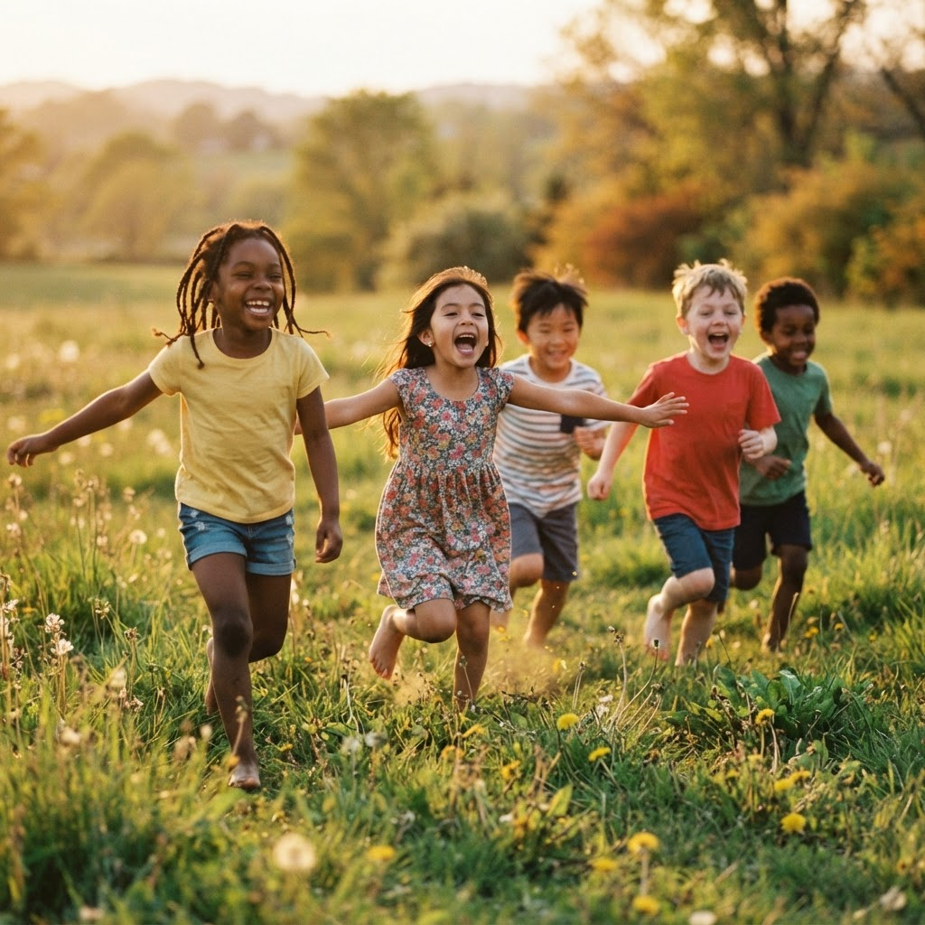 A diverse group of joyful children running and playing together in a sunlit field